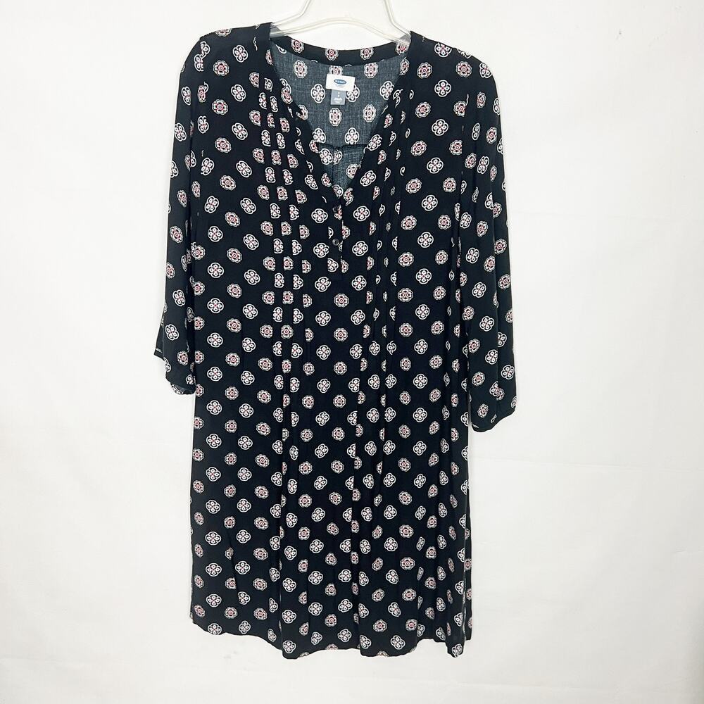 Old Navy Floral Print Black 3/4 Sleeve Midi Dress Size Small
